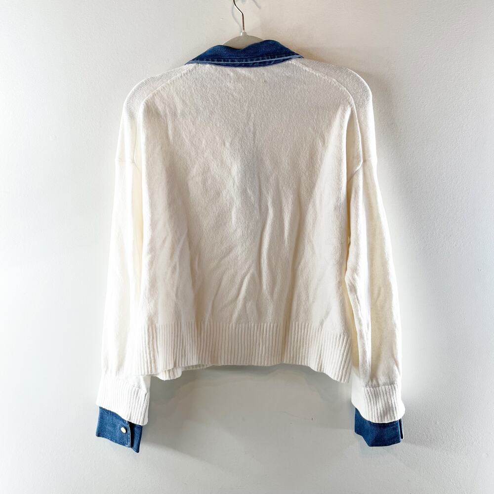 LOFT Denim Collar Henley Long Sleeve Sweater Cream Blue Small - Picture 4 of 5